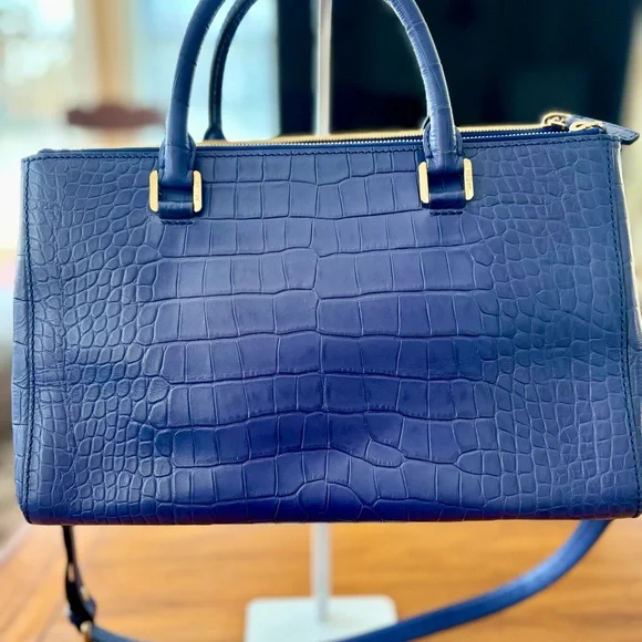 MCM Navy Crocodile Embossed Satchel with Gold Studs - Picture 2 of 11